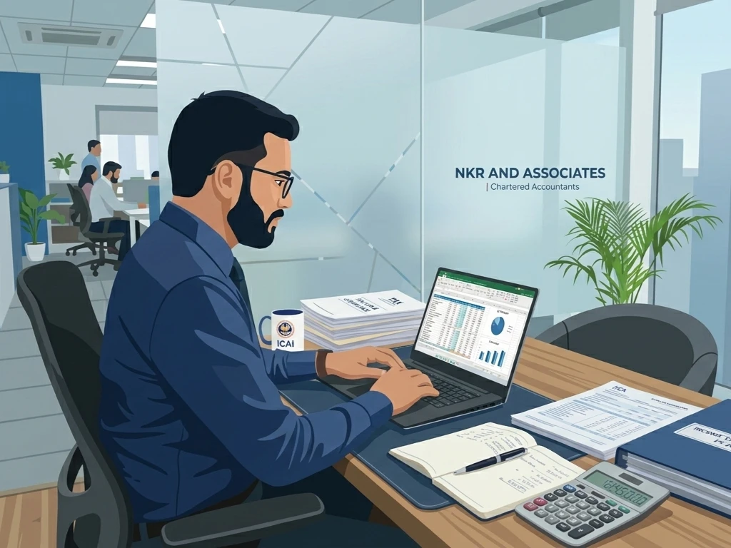 Professional accounting team at NKR & Associates working on bookkeeping, GST filing, and business compliance services in Delhi office