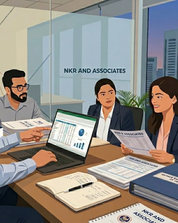 NKR & Associates professional accounting team in meeting discussing tax compliance and financial strategies\